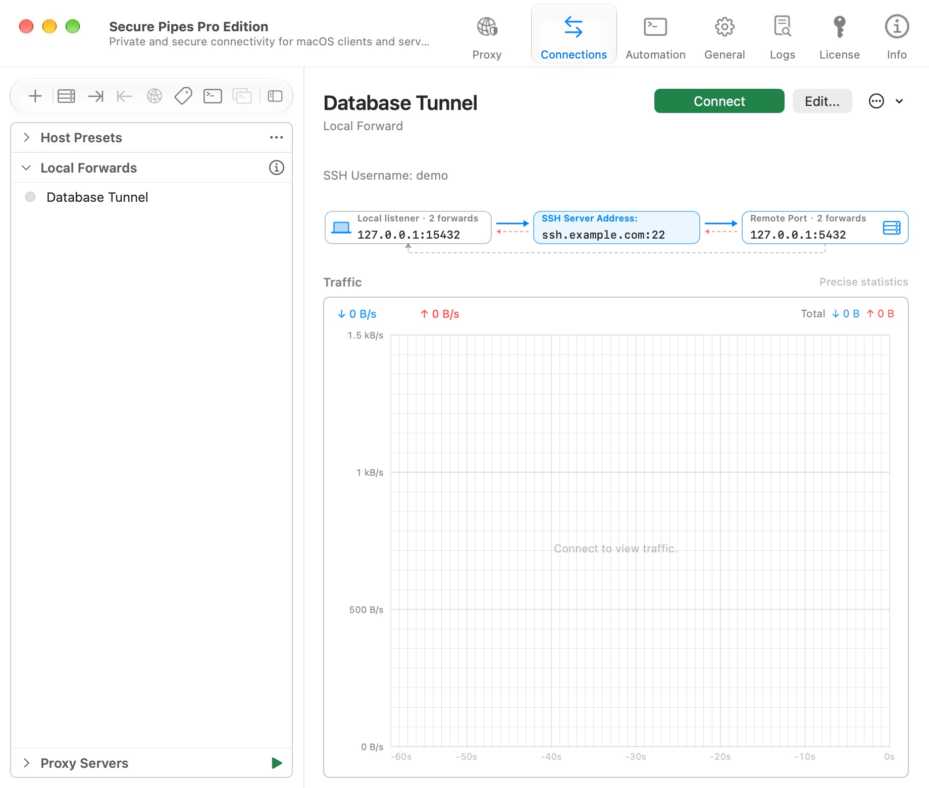 Connections page with a saved local database tunnel