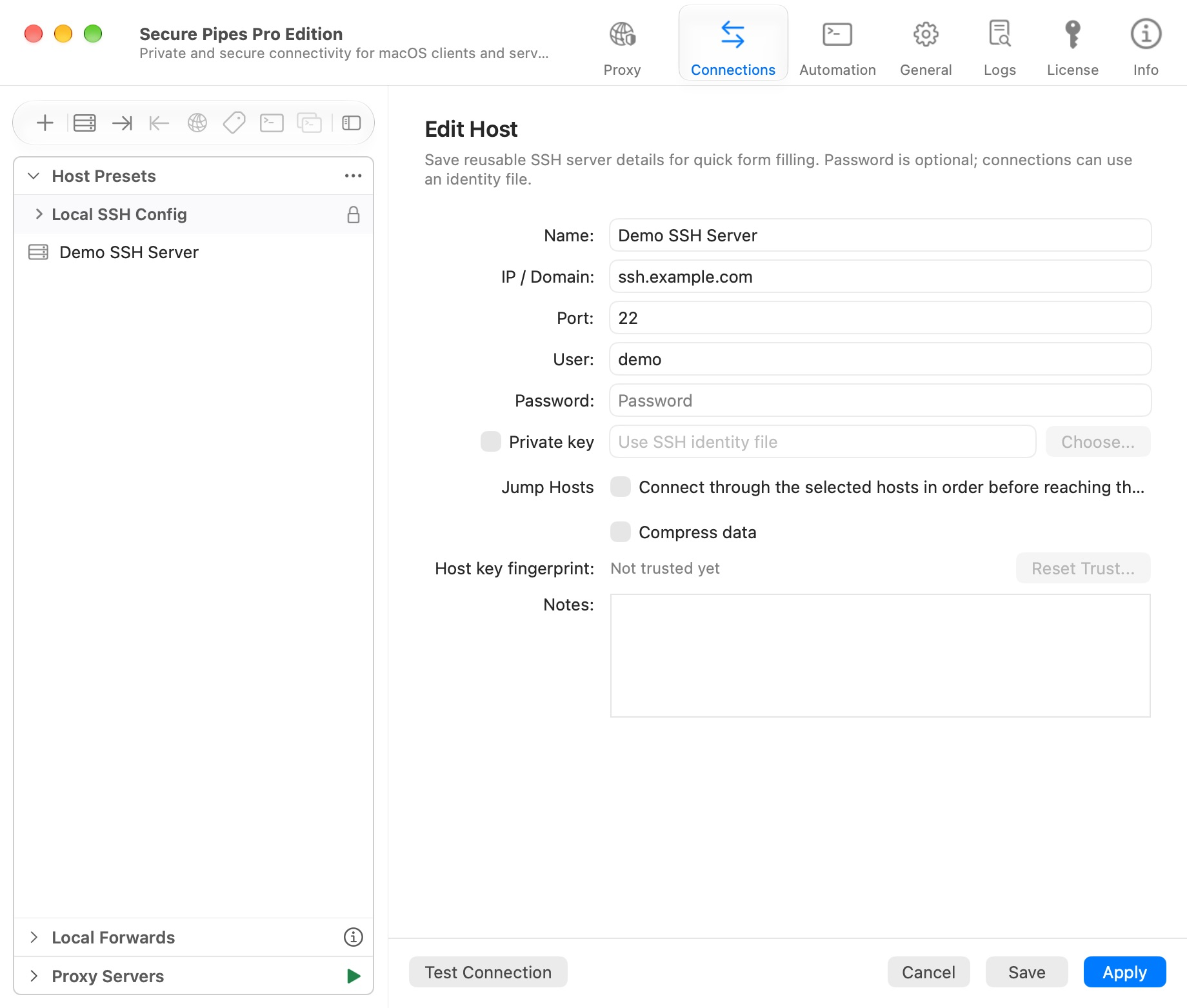 Editor host inglese con un server segnaposto e nessuna password salvata