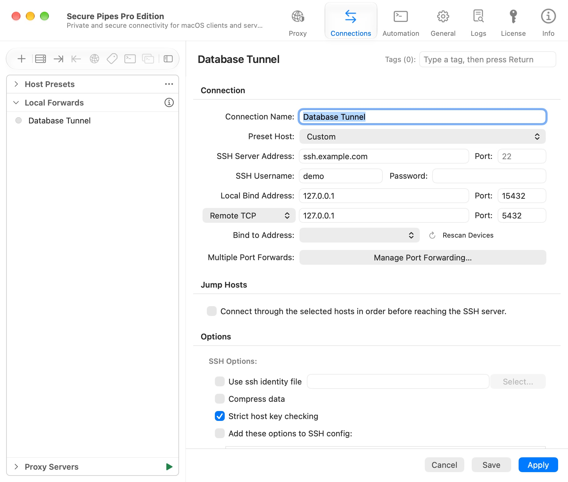 Local forwarding editor with a PostgreSQL example