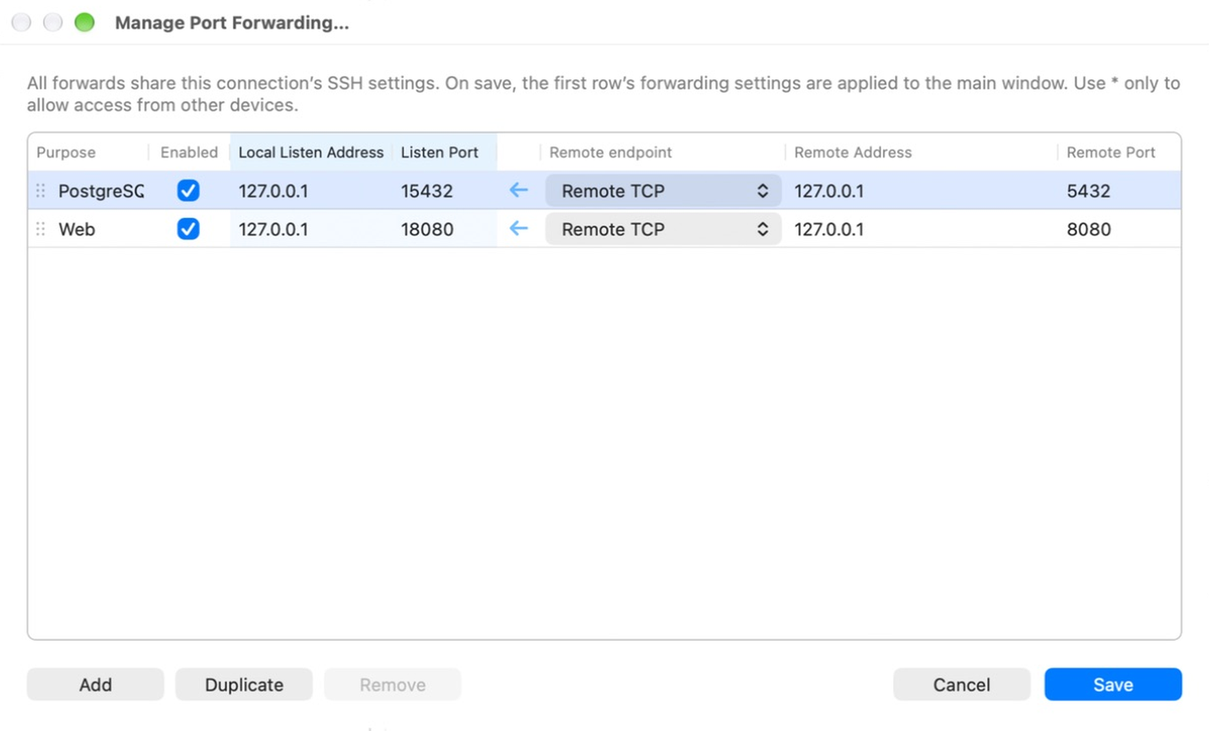 Two local TCP mappings in the actual mapping manager