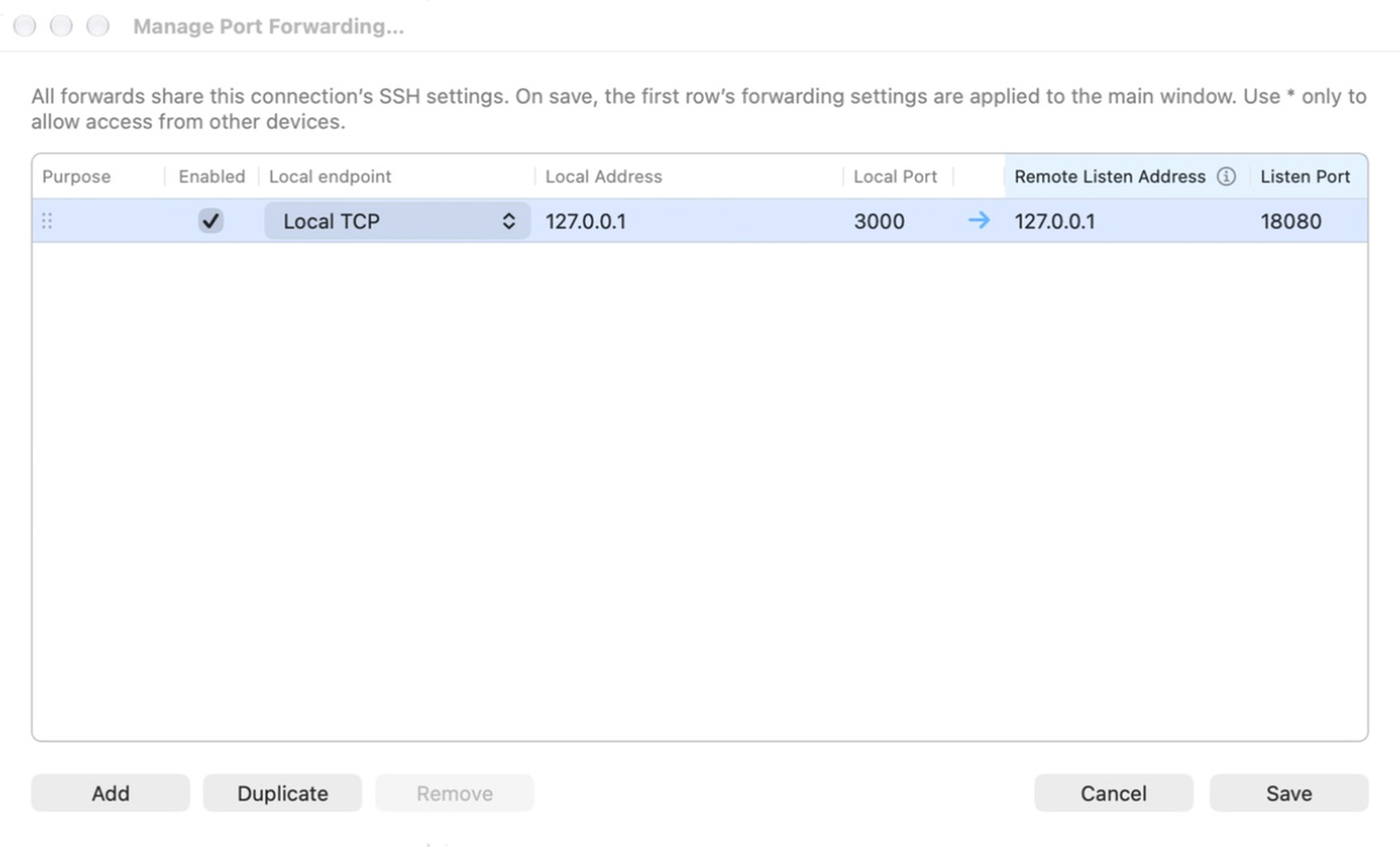 Remote mapping editor with local endpoint and remote listener columns