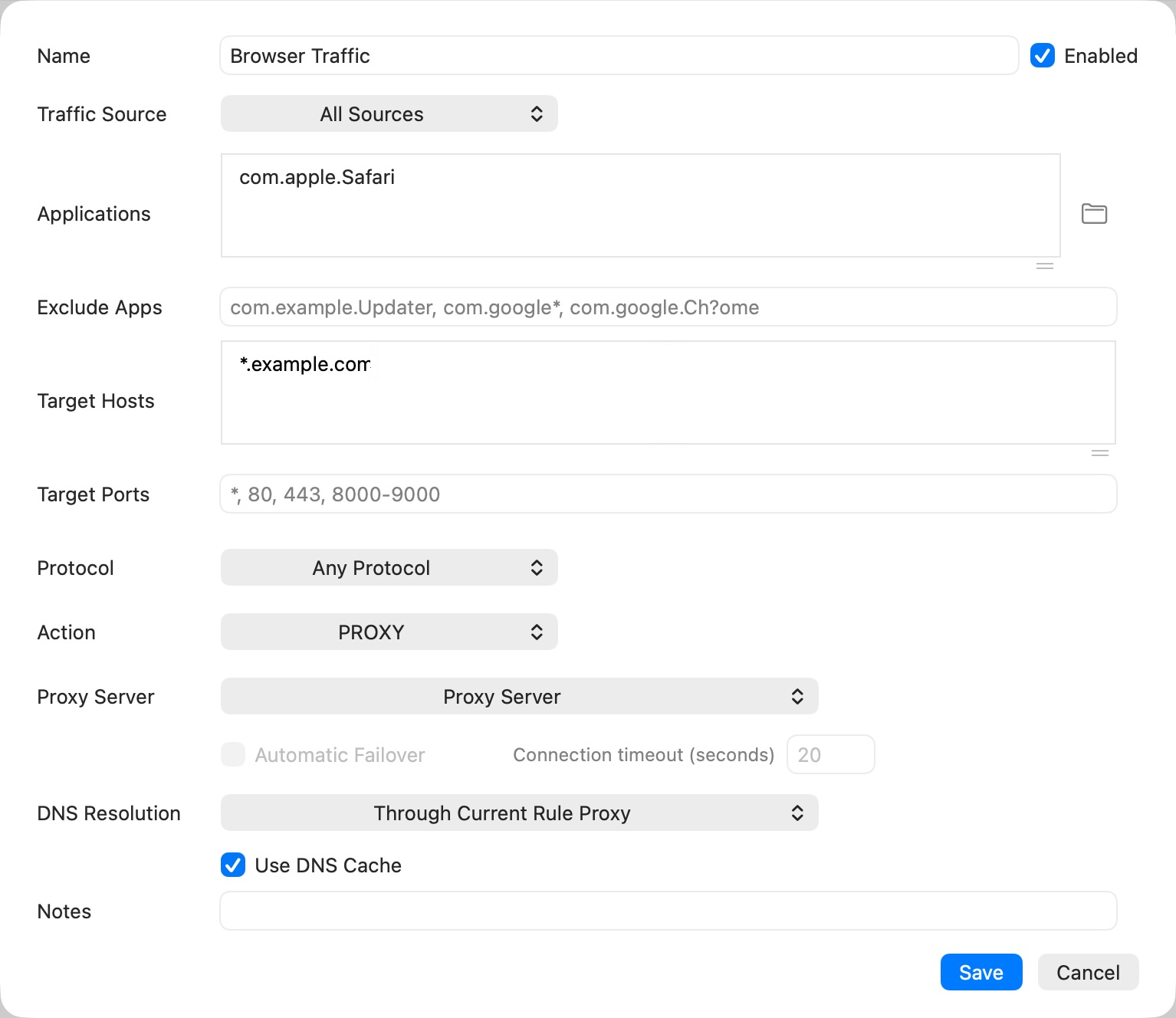 Routing rule editor with a Safari application identifier and example destination pattern