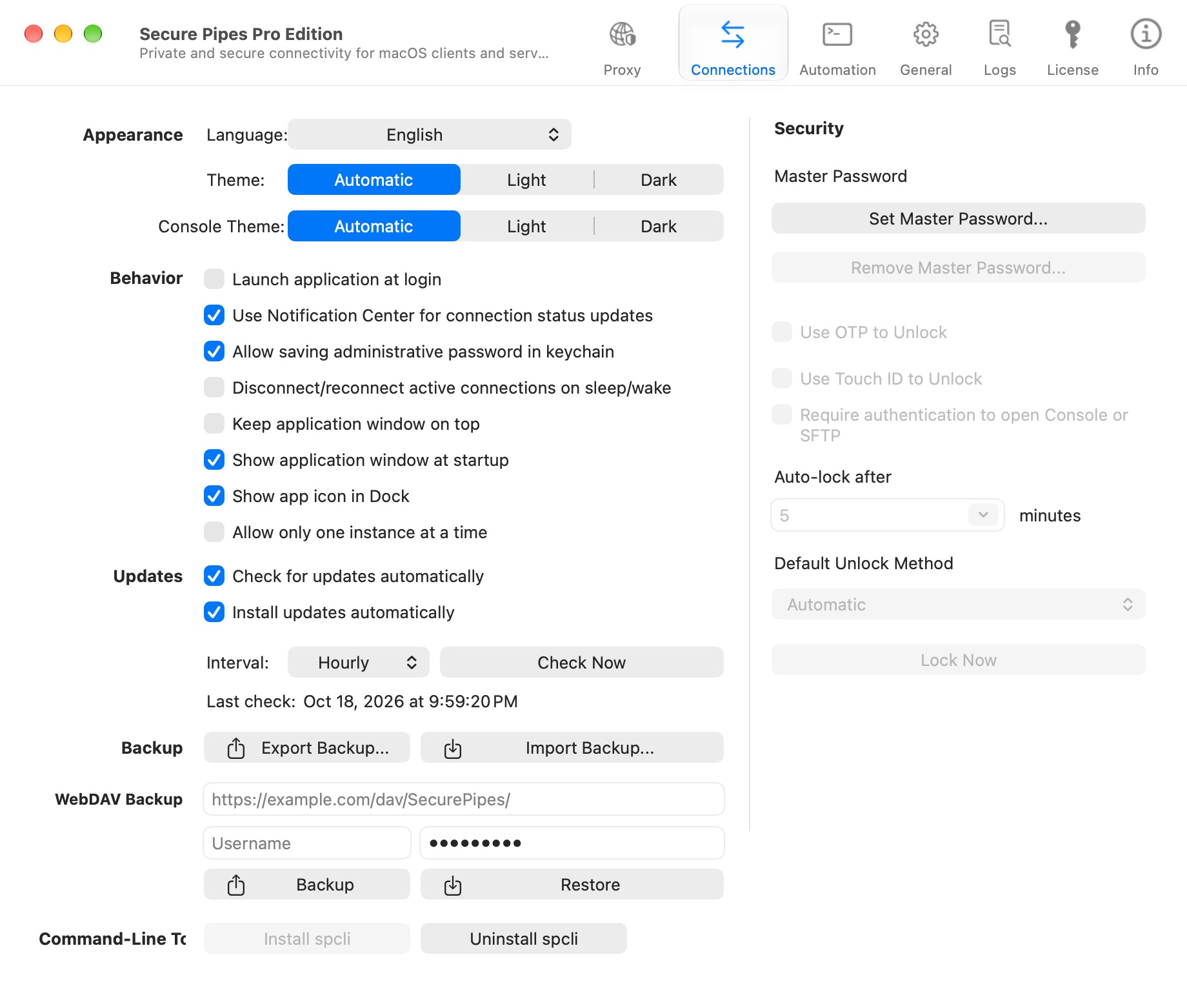 General page with local backup and WebDAV controls