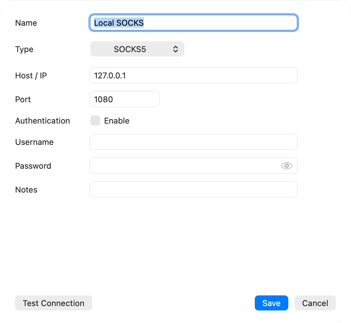 Editor del server proxy che utilizza un endpoint SOCKS di loopback