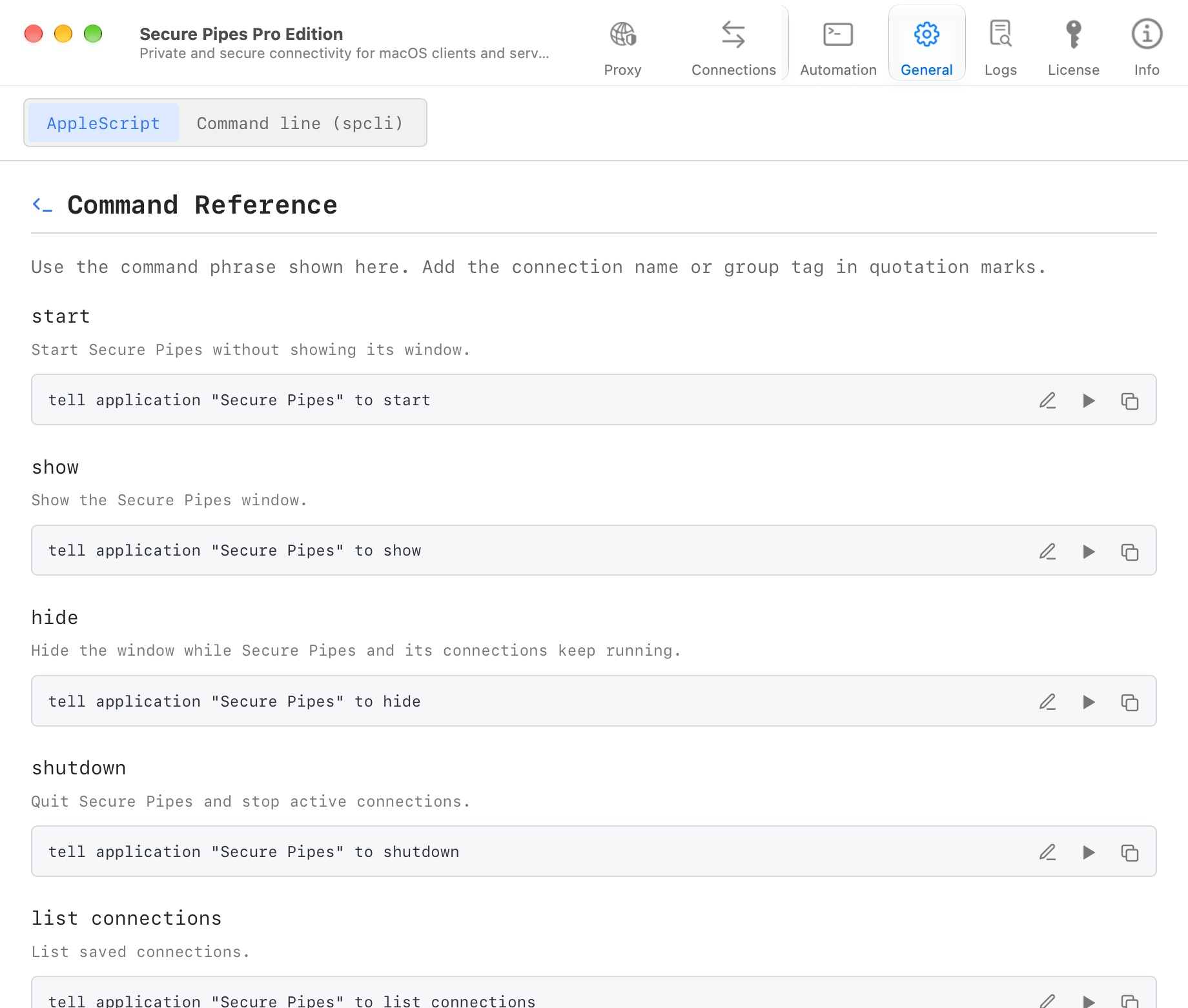 Automation page showing the built-in AppleScript command reference
