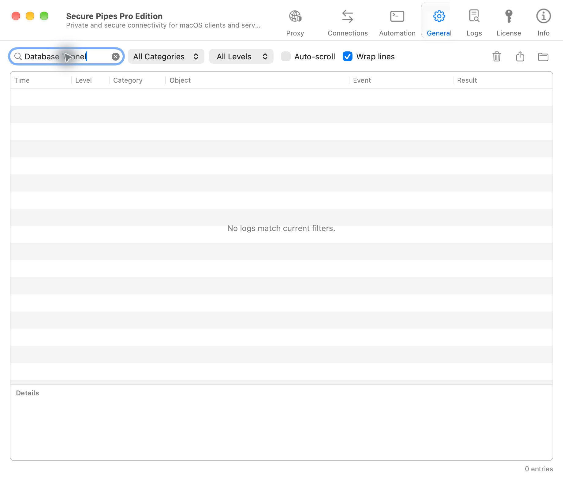 Logs page filtered to the documentation profile name, with no matching entries
