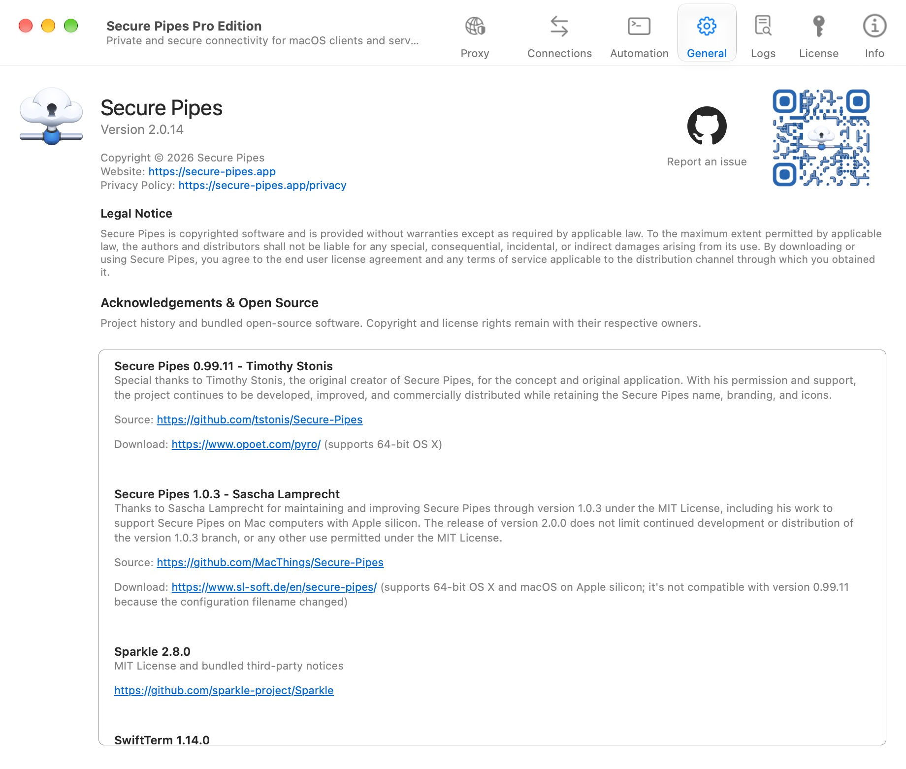 Info page with version and issue-reporting controls