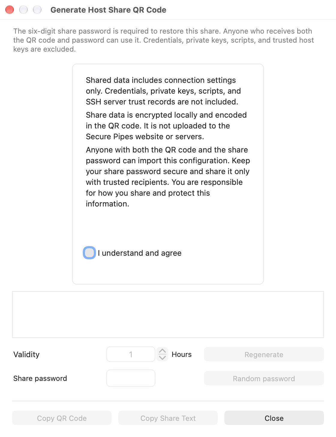 Sharing dialog before acknowledgement, with its privacy notice visible