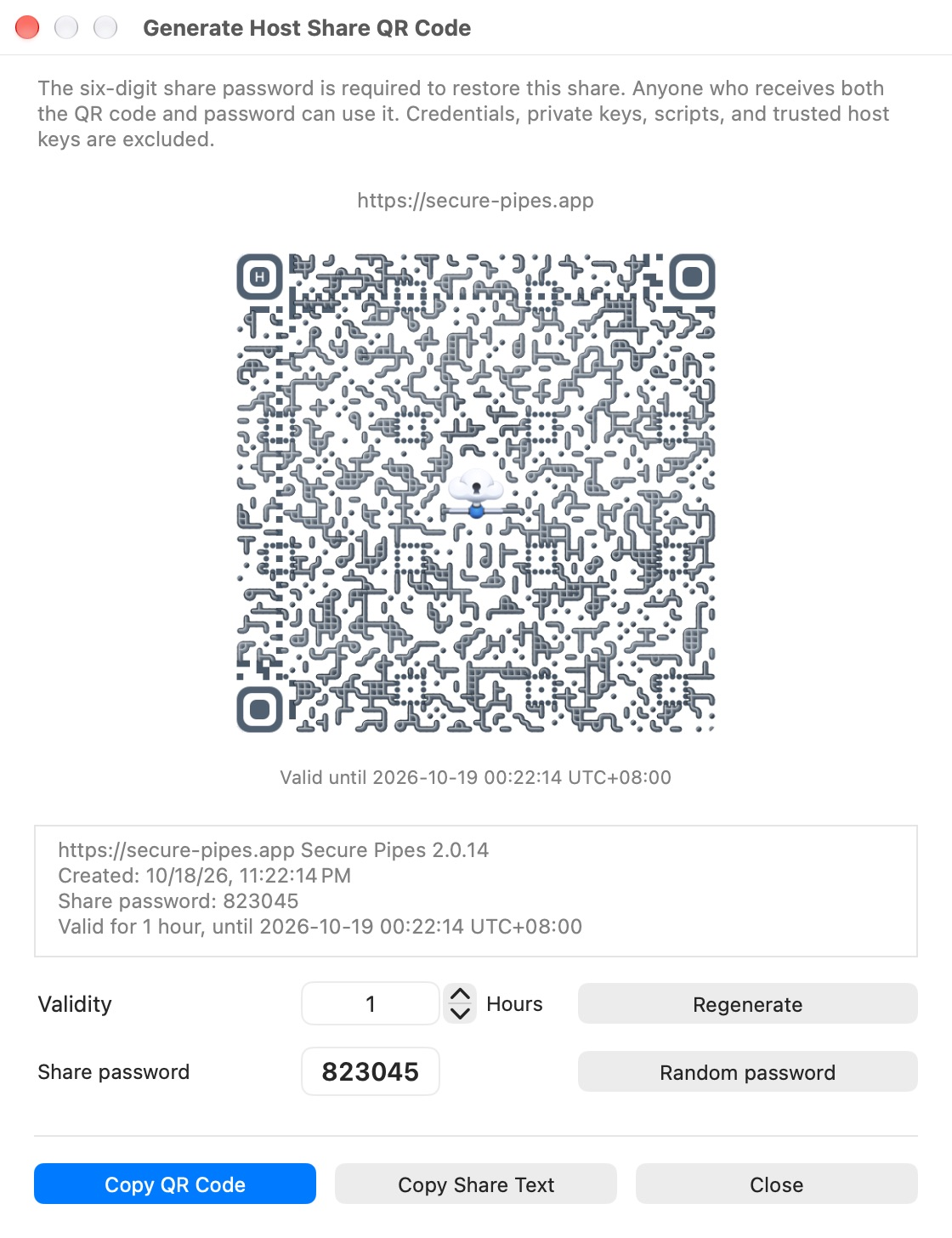 Share QR dialog containing only a fictitious documentation host